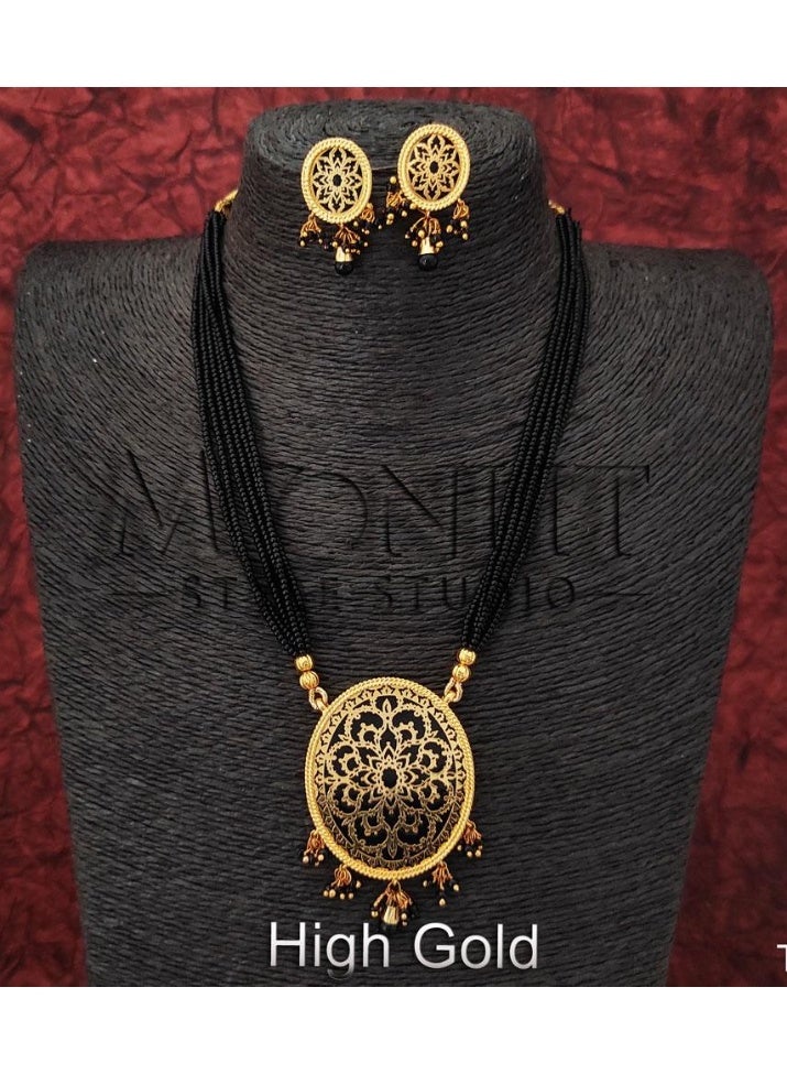 Gold Plated Black Bead Necklace Set